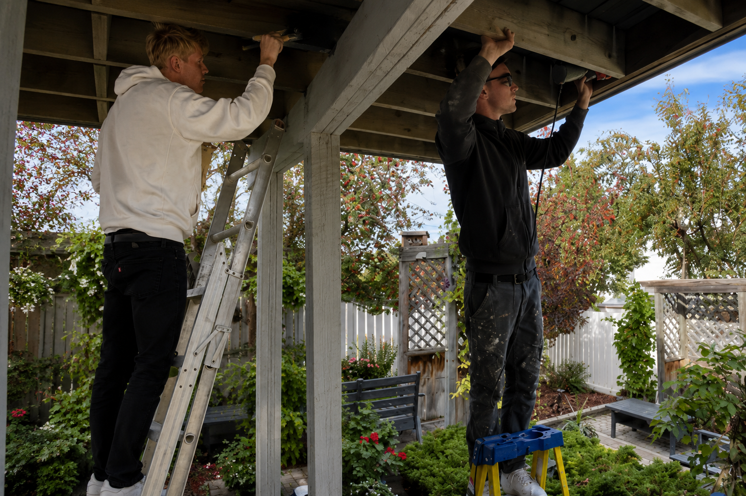 Ben and Ryan of B&R Painting working on a backyard pergola in Calgary